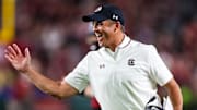 Sep 6, 2025; Columbia, South Carolina, USA; South Carolina Gamecocks head coach Shane Beamer directs his team against the South Carolina State Bulldogs in the second half at Williams-Brice Stadium. Mandatory Credit: Jeff Blake-Imagn Images
