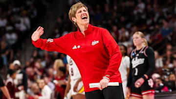 Mar 23, 2025; Columbia, South Carolina, USA; Indiana Hoosiers head coach Teri Moren disputes a charging call against her team during their game against the South Carolina Gamecocks in the second half at Colonial Life Arena. Mandatory Credit: Jeff Blake-Imagn Images