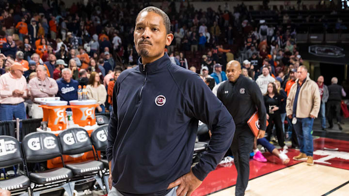 Jan 11, 2025; Columbia, South Carolina, USA; South Carolina Gamecocks head coach Lamont Paris reacts after losing to the Auburn Tigers at Colonial Life Arena. Mandatory Credit: Jeff Blake-Imagn Images