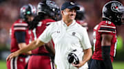 Sep 6, 2025; Columbia, South Carolina, USA; South Carolina Gamecocks head coach Shane Beamer directs his team against the South Carolina State Bulldogs in the second half at Williams-Brice Stadium. Mandatory Credit: Jeff Blake-Imagn Images