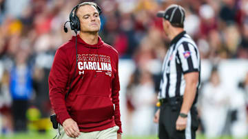 Nov 16, 2024; Columbia, South Carolina, USA; South Carolina Gamecocks head coach Shane Beamer directs his team against the Missouri Tigers in the second quarter at Williams-Brice Stadium. Mandatory Credit: Jeff Blake-Imagn Images