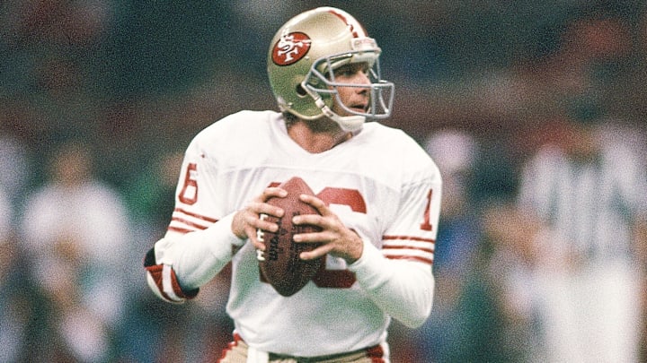 Jan 28, 1990; New Orleans, LA, USA; FILE PHOTO; San Francisco 49ers quarterback Joe Montana (16) in action against the Denver Broncos during Super Bowl XXIV at the Superdome. The 49ers defeated the Broncos 55-10. Mandatory Credit: Manny Rubio-Imagn Images