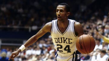 Dec 1985; Durham, NC, USA; FILE PHOTO; Duke guard Johnny Dawkins (24)  in action during the 1985-86 season at Cameron Indoor Stadium. Mandatory Credit: Malcolm Emmons-Imagn Images