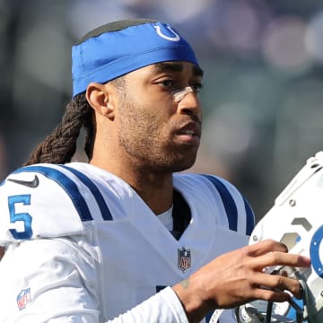 Jan 1, 2023; East Rutherford, New Jersey, USA; Indianapolis Colts cornerback Stephon Gilmore (5) before the game against the New York Giants at MetLife Stadium. Mandatory Credit: Vincent Carchietta-USA TODAY Sports
