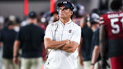 Sep 6, 2025; Columbia, South Carolina, USA; South Carolina Gamecocks head coach Shane Beamer directs his team against the South Carolina State Bulldogs in the second quarter at Williams-Brice Stadium. Mandatory Credit: Jeff Blake-Imagn Images