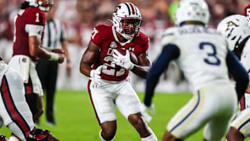 Sep 21, 2024; Columbia, South Carolina, USA;  
South Carolina Gamecocks wide receiver Tyshawn Russell (21) runs after the catch against the Akron Zips in the first quarter at Williams-Brice Stadium. Mandatory Credit: Jeff Blake-Imagn Images