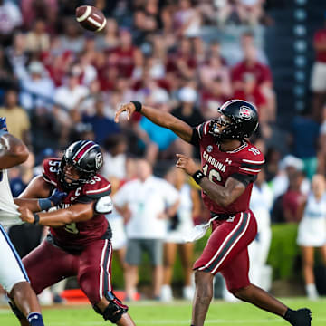 Aug 31, 2024; Columbia, South Carolina, USA; South Carolina Gamecocks quarterback LaNorris Sellers (16) throws a pass against the Old Dominion Monarchs in the second half at Williams-Brice Stadium. Mandatory Credit: Jeff Blake-Imagn Images