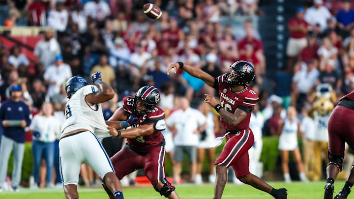 Aug 31, 2024; Columbia, South Carolina, USA; South Carolina Gamecocks quarterback LaNorris Sellers (16) throws a pass against the Old Dominion Monarchs in the second half at Williams-Brice Stadium. Mandatory Credit: Jeff Blake-Imagn Images