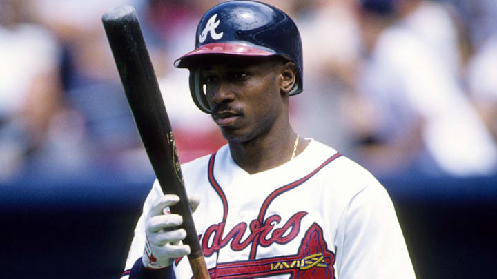 1997, Atlanta, GA, USA; FILE PHOTO; Atlanta Braves center fielder Kenny Lofton at Turner Field during the 1997 season. Mandatory Credit: RVR Photos-Imagn Images