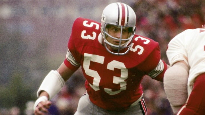 Oct 1972; Columbus, OH, USA; FILE PHOTO; Ohio State Buckeyes linebacker Randy Gradishar (53) in action during the 1972 season. Mandatory Credit: Malcolm Emmons-USA TODAY Sports