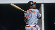 Baltimore Orioles right fielder Frank Robinson (20) in action at the plate.
