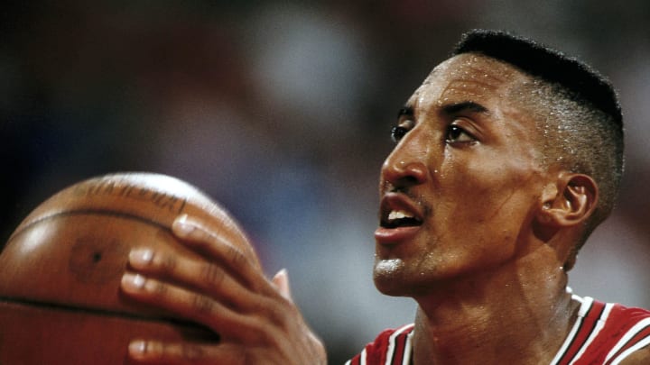 Unknown date 1992; Portland, OR, USA: FILE PHOTO; Chicago Bulls forward Scottie Pippen (33) at the free throw line against the Portland Trail Blazers during the 1992 season at Memorial Coliseum. Mandatory Credit: USA TODAY Sports