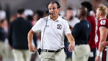 Sep 21, 2024; Columbia, South Carolina, USA; South Carolina Gamecocks head coach Shane Beamer directs his team against the Akron Zips in the second half at Williams-Brice Stadium. Mandatory Credit: Jeff Blake-Imagn Images