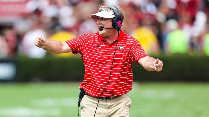 Sep 17, 2022; Columbia, South Carolina, USA; Georgia Bulldogs head coach Kirby Smart directs his team against the South Carolina Gamecocks in the second quarter at Williams-Brice Stadium. Mandatory Credit: Jeff Blake-Imagn Images