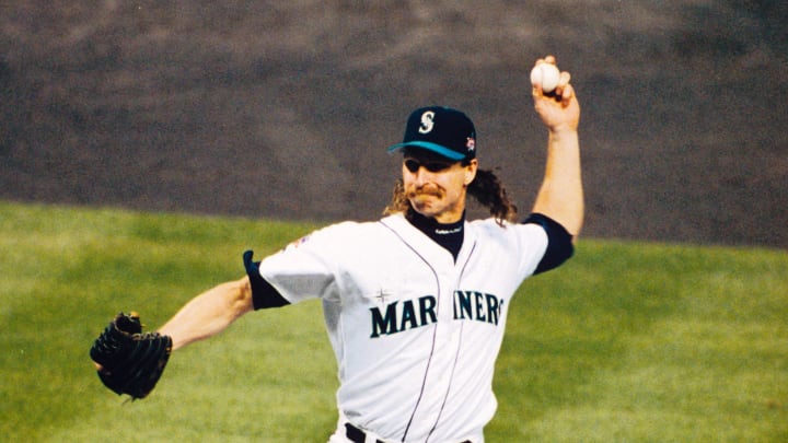 Seattle Mariners pitcher Randy Johnson in action on the mound in 1997.