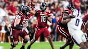 Sep 6, 2025; Columbia, South Carolina, USA; South Carolina Gamecocks quarterback LaNorris Sellers (16) passes against the South Carolina State Bulldogs in the second quarter at Williams-Brice Stadium. Mandatory Credit: Jeff Blake-Imagn Images