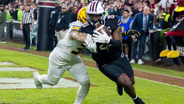 Nov 16, 2024; Columbia, South Carolina, USA; South Carolina Gamecocks tight end Michael Smith (20) makes a touchdown reception as Missouri Tigers linebacker Chuck Hicks (30) defends in the second half at Williams-Brice Stadium. Mandatory Credit: Jeff Blake-Imagn Images