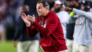 Nov 16, 2024; Columbia, South Carolina, USA; South Carolina Gamecocks head coach Shane Beamer reacts in the second half against the Missouri Tigers at Williams-Brice Stadium. Mandatory Credit: Jeff Blake-Imagn Images
