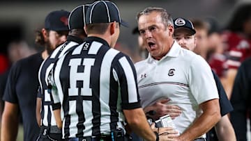 Sep 13, 2025; Columbia, South Carolina, USA; South Carolina Gamecocks head coach Shane Beamer reacts to the play that knocked out his QB quarterback LaNorris Sellers (16) against the Vanderbilt Commodores in the second quarter at Williams-Brice Stadium. Mandatory Credit: Jeff Blake-Imagn Images