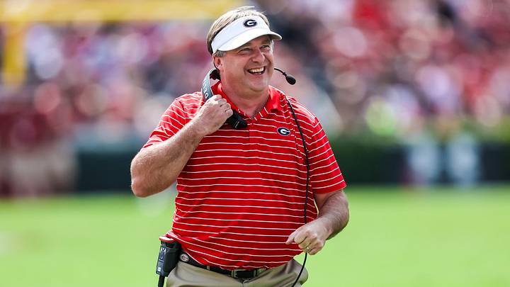 Sep 17, 2022; Columbia, South Carolina, USA; Georgia Bulldogs head coach Kirby Smart reacts to a play against the Georgia Bulldogs in the first quarter at Williams-Brice Stadium. Mandatory Credit: Jeff Blake-Imagn Images