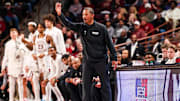 Jan 25, 2025; Columbia, South Carolina, USA; South Carolina Gamecocks head coach Lamont Paris directs his team against the Mississippi State Bulldogs in the second half at Colonial Life Arena. Mandatory Credit: Jeff Blake-Imagn Images