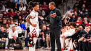 Jan 25, 2025; Columbia, South Carolina, USA; South Carolina Gamecocks head coach Lamont Paris speaks with guard Jamarii Thomas (6) in the first half at Colonial Life Arena. Mandatory Credit: Jeff Blake-Imagn Images