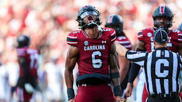 Aug 31, 2024; Columbia, South Carolina, USA; South Carolina Gamecocks edge Dylan Stewart (6) celebrates after a sack against the Old Dominion Monarchs in the second quarter at Williams-Brice Stadium. Mandatory Credit: Jeff Blake-Imagn Images