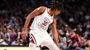 Feb 17, 2024; Columbia, South Carolina, USA; South Carolina Gamecocks forward Collin Murray-Boyles (30) gestures after play against the LSU Tigers in the first half at Colonial Life Arena. Mandatory Credit: Jeff Blake-Imagn Images
