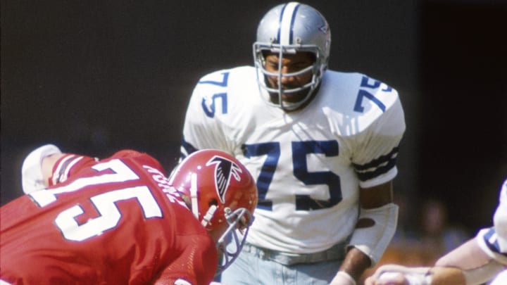 Sep 15, 1974; Atlanta, GA, USA; FILE PHOTO; Dallas Cowboys defensive tackle Jethro Pugh (75) on the field against the Atlanta Falcons at Fulton County Stadium. 