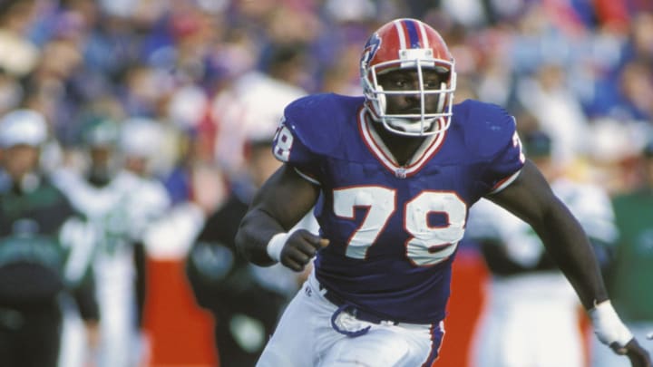 Orchard Park, NY, USA; FILE PHOTO; Bruce Smith of the Buffalo Bills in action against the New York Jets at Rich Stadium during the 1995 Season. (unknown date) Mandatory Credit: Photo By USA TODAY Sports (c) Copyright USA TODAY Sports