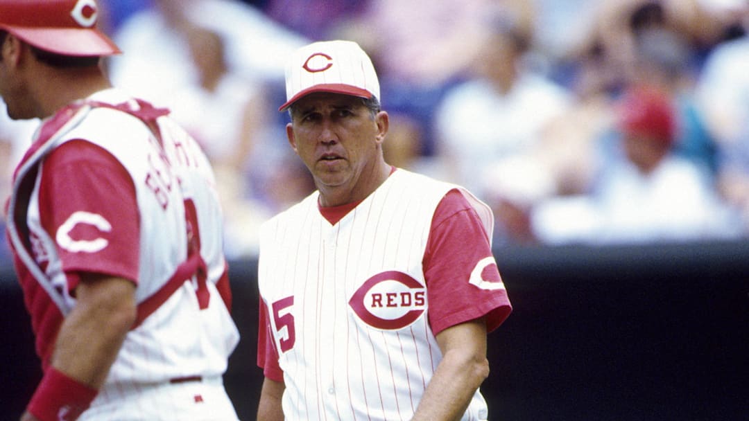 1995, Cincinnati, OH, USA; FILE PHOTO; Cincinnati Reds manager Davey Johnson approaches the mound at River Front Stadium during the 1995. Mandatory Credit: RVR Photos-Imagn Images