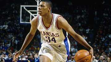 Mar 10, 1996; Kansas City, MO, USA; FILE PHOTO; Kansas Jayhawks guard Paul Pierce (34) in action against the Iowa State Cyclones during the 1996 Big 12 Conference Tournament at Kemper Arena. Mandatory Credit: Imagn Images