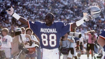 Feb 7, 1993; Honolulu, HI, USA; FILE PHOTO; Dallas Cowboys receiver #88 MICHAEL IRVIN celebrates his