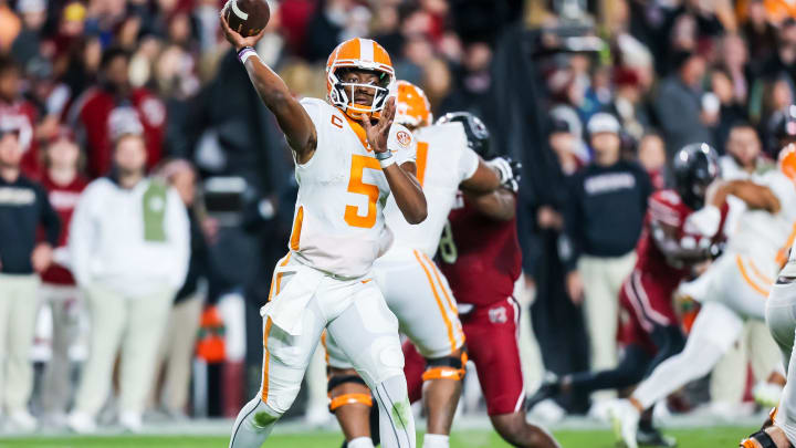 Nov 19, 2022; Columbia, South Carolina, USA; Tennessee Volunteers quarterback Hendon Hooker (5)