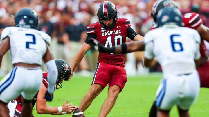 Aug 31, 2024; Columbia, South Carolina, USA; South Carolina Gamecocks place kicker Alex Herrera (40) kicks a field goal against the Old Dominion Monarchs in the first quarter at Williams-Brice Stadium. Mandatory Credit: Jeff Blake-USA TODAY Sports