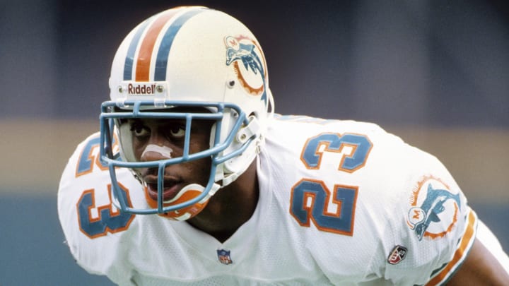 Miami Dolphins defensive back Troy Vincent (23) in action against the Cincinnati Bengals at Riverfront Stadium in 1995.