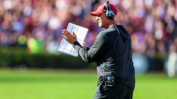Oct 25, 2025; Columbia, South Carolina, USA; Alabama Crimson Tide head coach Kalen Deboer directs his team against the South Carolina Gamecocks in the first quarter at Williams-Brice Stadium. 
