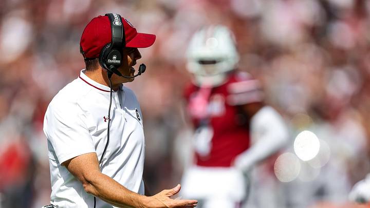 Oct 18, 2025; Columbia, South Carolina, USA; South Carolina Gamecocks head coach Shane Beamer directs his team against the Oklahoma Sooners in the second quarter at Williams-Brice Stadium. Mandatory Credit: Jeff Blake-Imagn Images