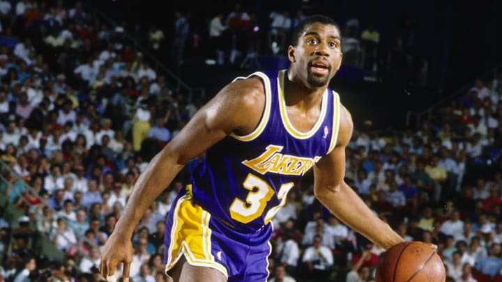 Jun 1988; Detroit, MI, USA; FILE PHOTO; Los Angeles Lakers guard Magic Johnson (32) in action