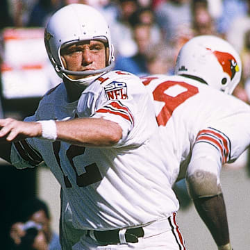 Oct 19, 1969; St. Louis, MO, USA; FILE PHOTO; St. Louis Cardinals quarterback Charley Johnson (12) in action against the Minnesota Vikings at Busch Memorial Stadium. Mandatory Credit: Malcolm Emmons-USA TODAY NETWORK