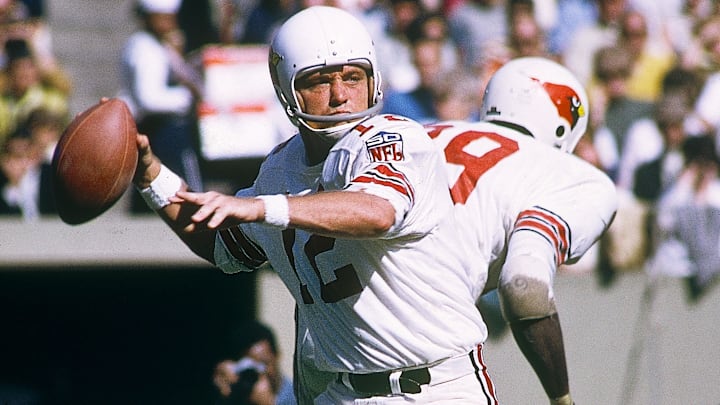 Oct 19, 1969; St. Louis, MO, USA; FILE PHOTO; St. Louis Cardinals quarterback Charley Johnson (12) in action against the Minnesota Vikings at Busch Memorial Stadium. Mandatory Credit: Malcolm Emmons-USA TODAY NETWORK