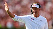 Oct 5, 2024; Columbia, South Carolina, USA; Mississippi Rebels head coach Lane Kiffin directs his team against the South Carolina Gamecocks in the first quarter at Williams-Brice Stadium. Mandatory Credit: Jeff Blake-Imagn Images
