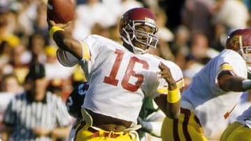 Jan 1, 1988; Pasadena, CA, USA: FILE PHOTO; Southern California Trojans quarterback Rodney Peete (16) in action against the Michigan State Spartans during the 1988 Rose Bowl where MSU beat USC 22-14. Mandatory Credit: Long Photography-USA TODAY Sports