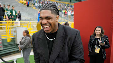 NFL draft prospect, Jihaad Campbell of Alabama, laughs with a reporter during the NFL Draft Red Carpet event at Lambeau Field in Green Bay on Thursday, April 24, 2025.