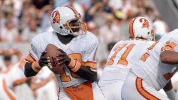 Tampa Bay Buccaneers quarterback Parnell Dickinson on the field against the Buffalo Bills at Tampa Stadium. 