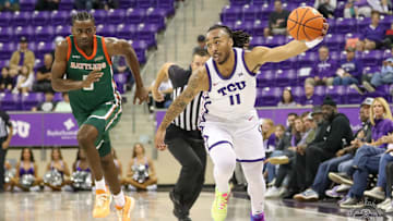 Frankie Collins handles the ball for TCU against Florida A&M on November 4, 2024 at Schollmaier Arena.
