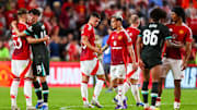 Aug 3, 2024; Columbia, South Carolina, USA;  
Liverpool and Manchester United players shake hands following their match at Williams-Brice Stadium. Mandatory Credit: Jeff Blake-Imagn Images