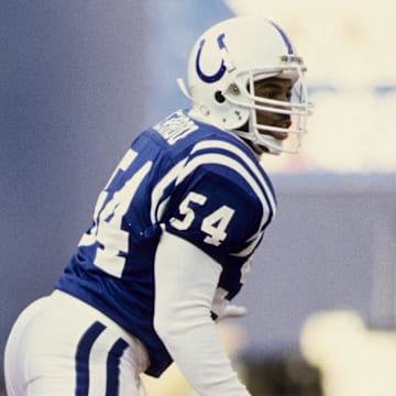 Dec 10, 1988; East Rutherford, NJ, USA; FILE PHOTO; Indianapolis Colts linebacker Jeff Herrod (54) in action against the New York Jets at Giants Stadium during the 1988 season. Mandatory Credit: RVR Photots-Imagn Images