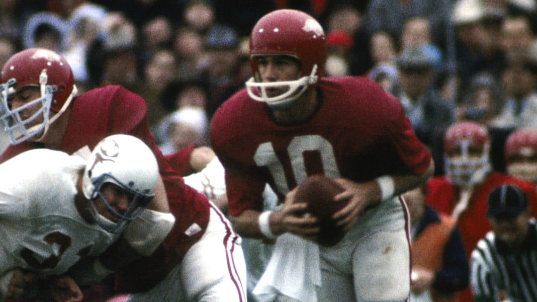 Arkansas Razorbacks quarterback Bill Montgomery (10) in action against the Texas Longhorns at Razorback Stadium during the 1969 Big Shootout in Fayetteville, Ark.