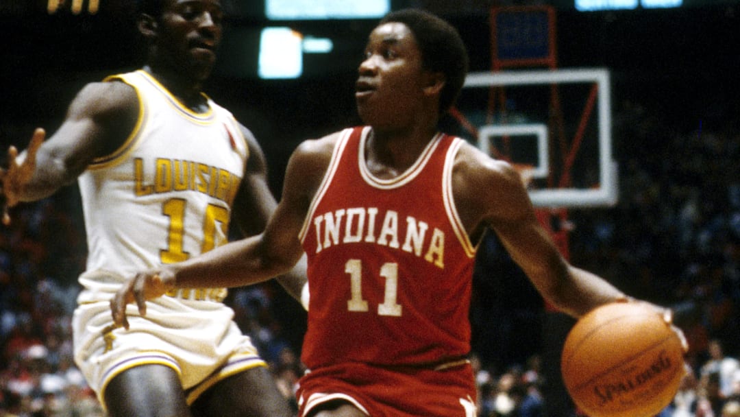 Mar 28, 1981; Philadelphia, PA, USA, FILE PHOTO; Indiana Hoosiers guard Isiah Thomas  (11) in action against the LSU Tigers during the 1981 Final Four. 